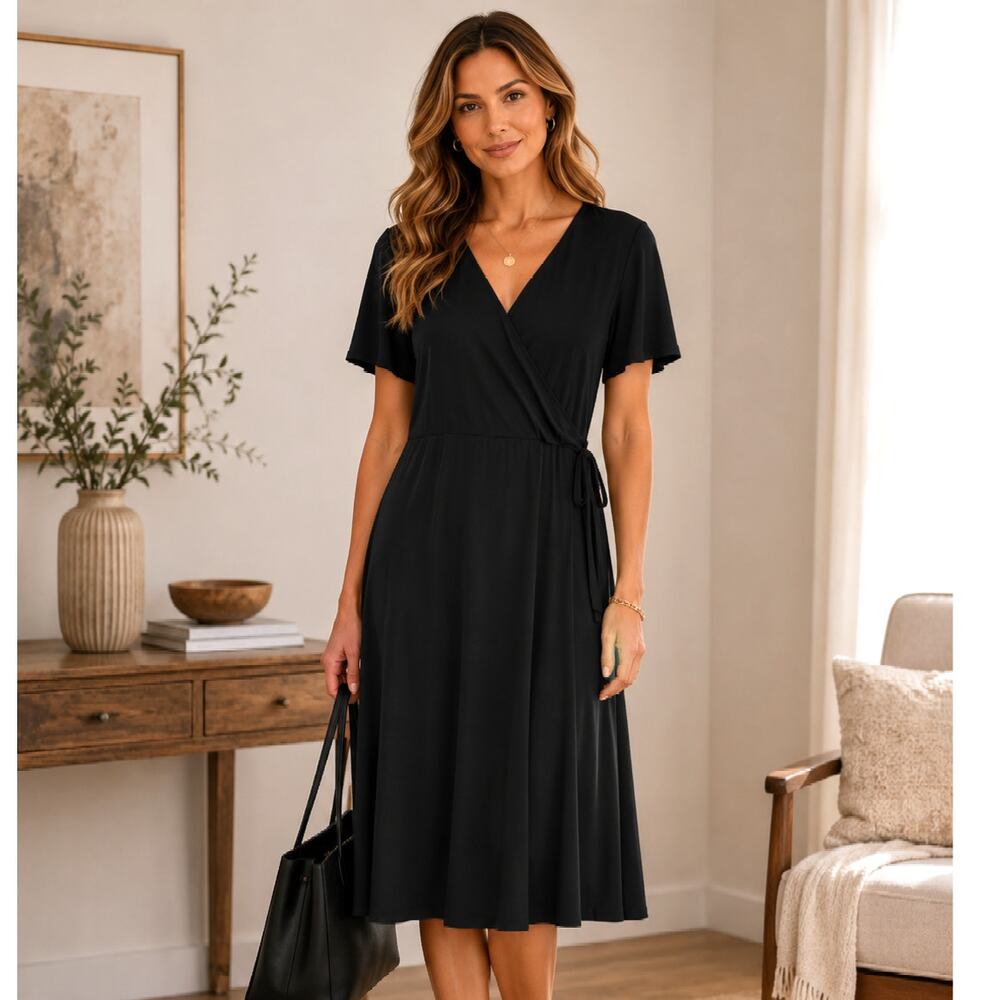Susan Graver Liquid Knit Wrap Dress Women's Size 1X Tall Black Minimalist Office